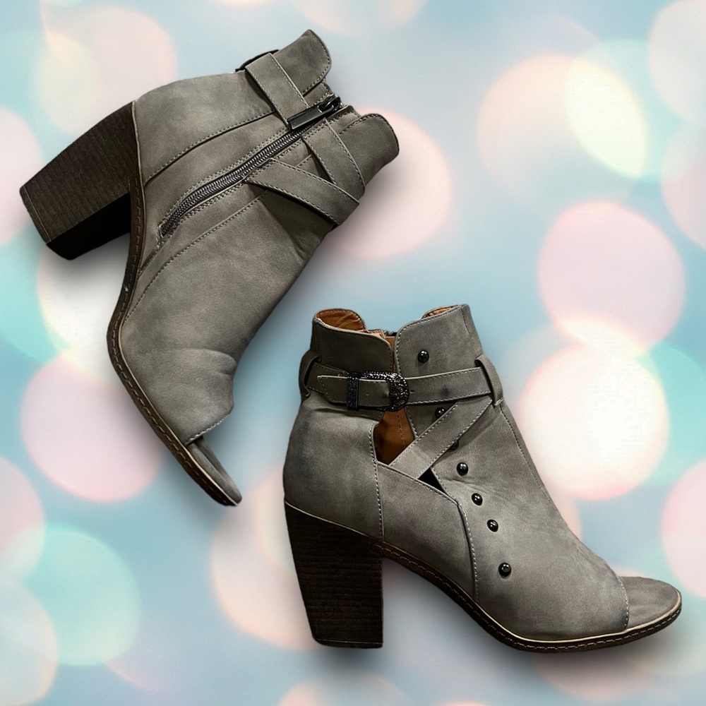 Buckle Vintage 93 Women’s Gray Peep Toe Ankle Boots Heels Size 9.5